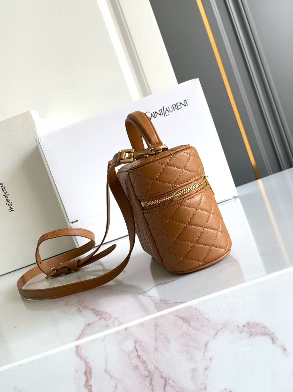YSL 26S VANITY BAG IN TAN QUILTED LAMBSKIN LEATHER