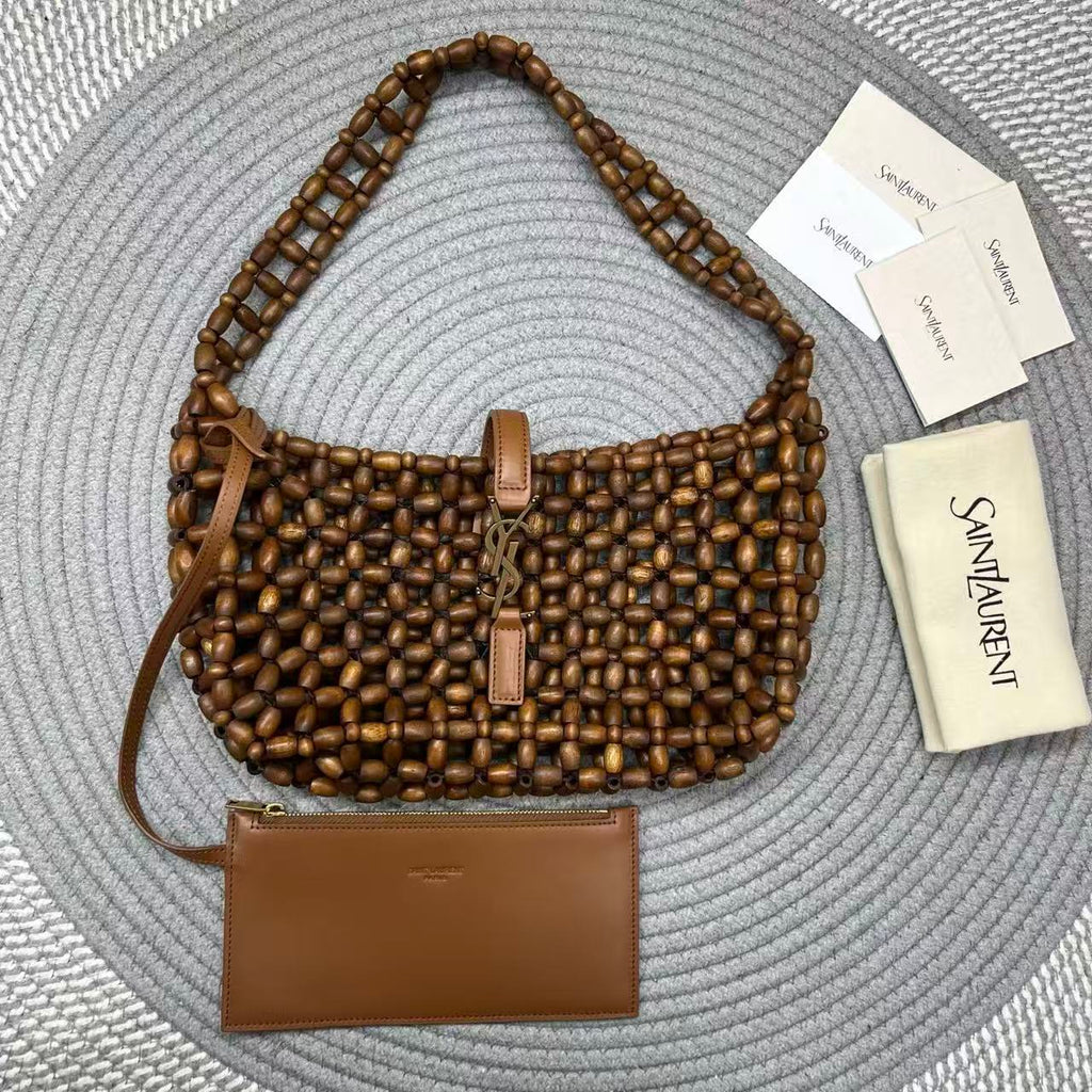YSL 26S BEADED HOBO BAG IN WALNUT BROWN WOODEN BEADS