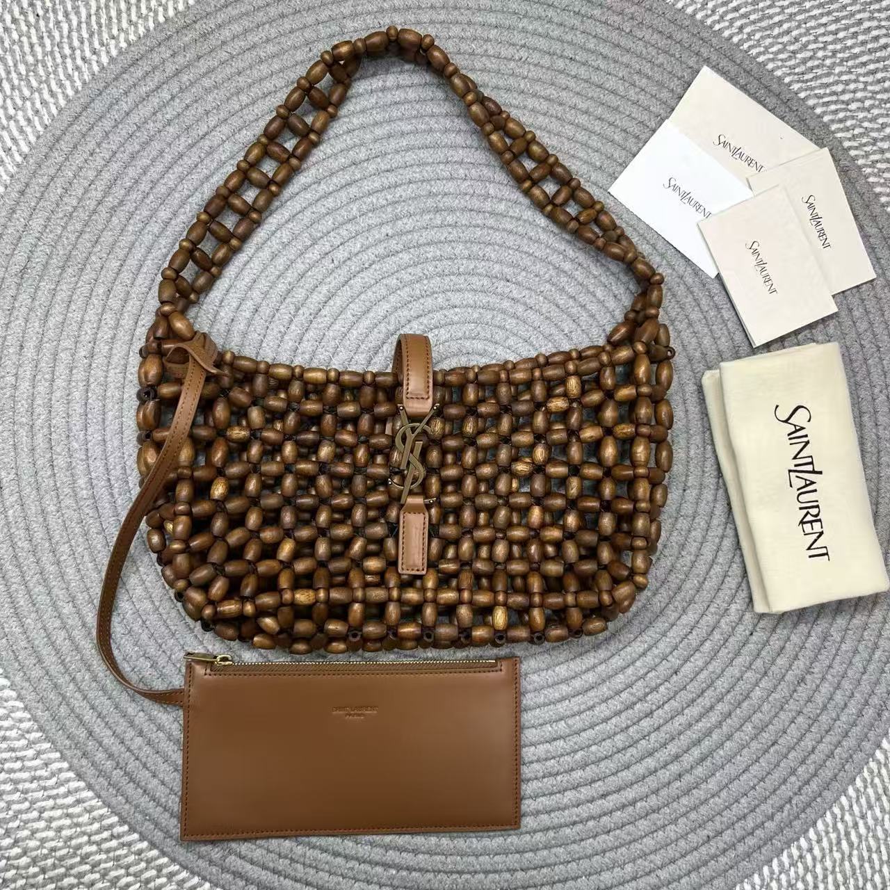 YSL 26S BEADED HOBO BAG IN WALNUT BROWN WOODEN BEADS