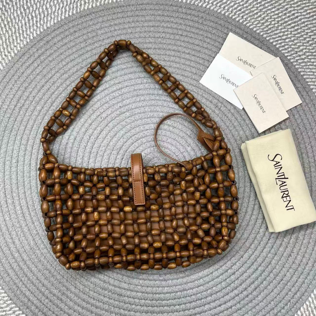 YSL 26S BEADED HOBO BAG IN WALNUT BROWN WOODEN BEADS
