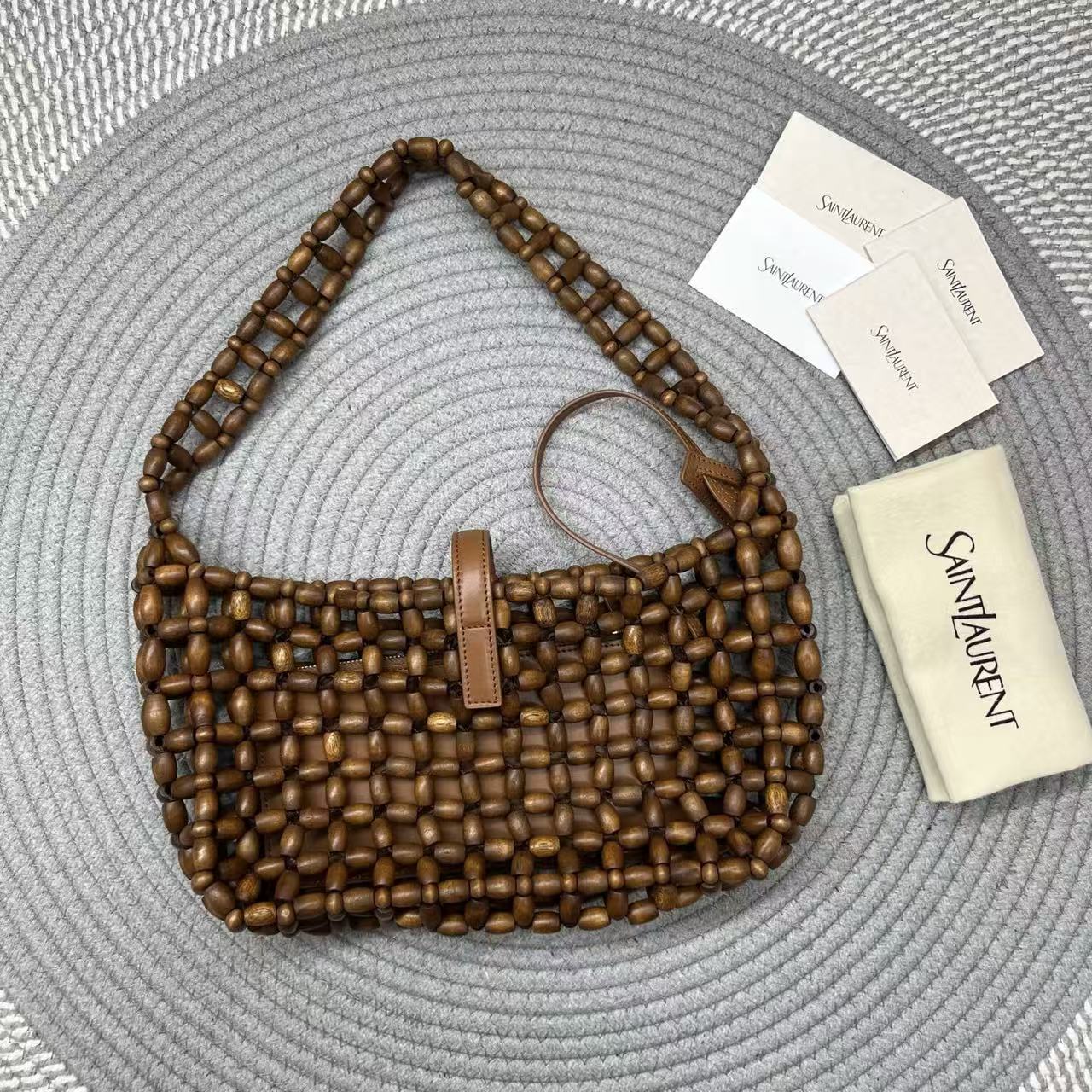 YSL 26S BEADED HOBO BAG IN WALNUT BROWN WOODEN BEADS