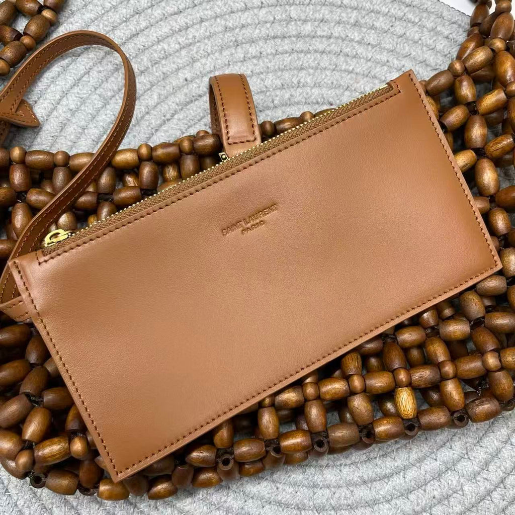 YSL 26S BEADED HOBO BAG IN WALNUT BROWN WOODEN BEADS
