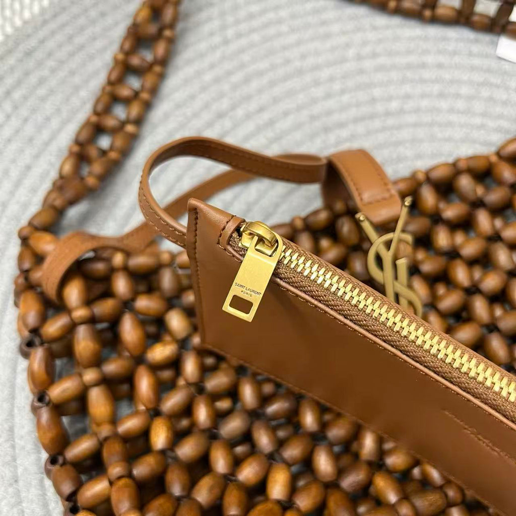 YSL 26S BEADED HOBO BAG IN WALNUT BROWN WOODEN BEADS