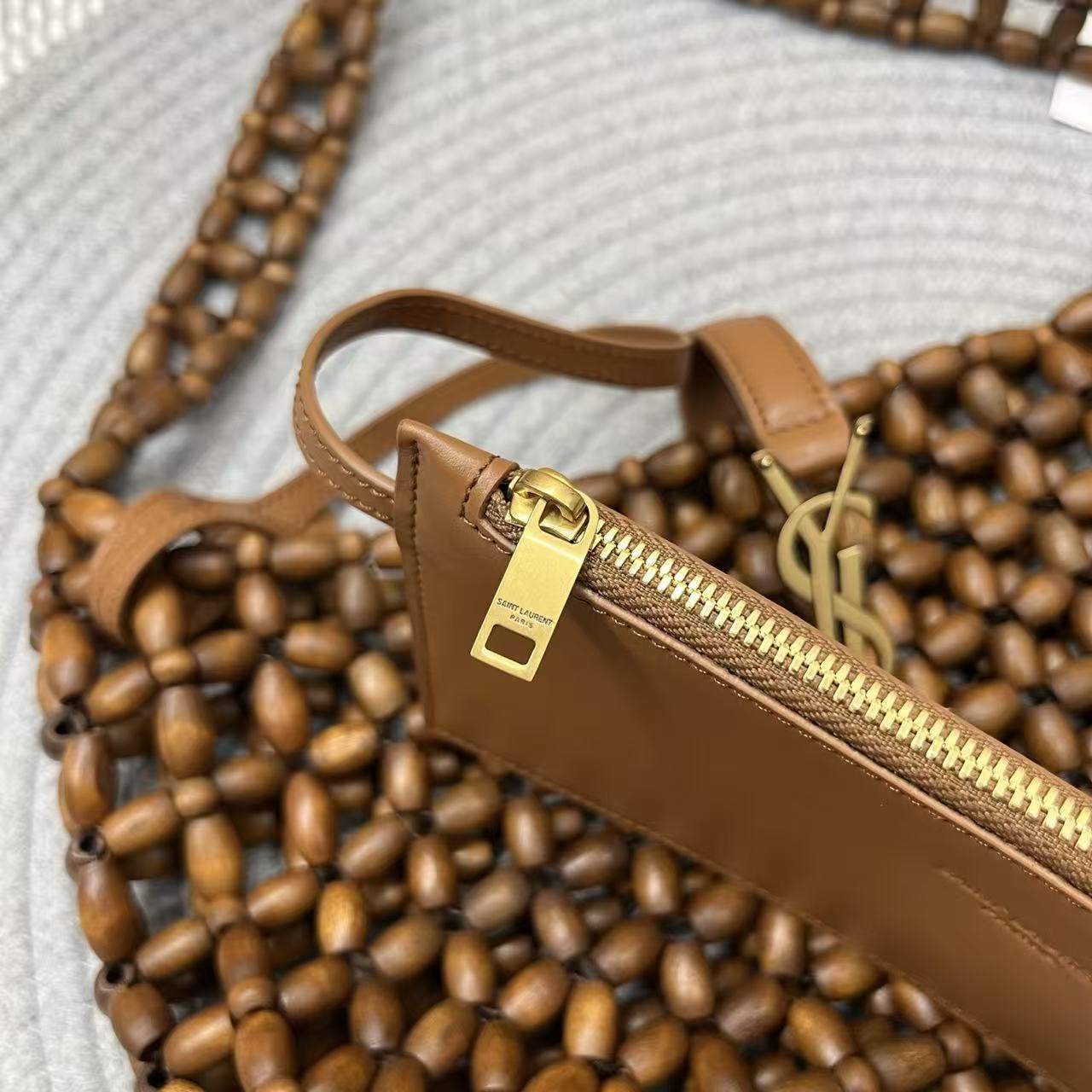 YSL 26S BEADED HOBO BAG IN WALNUT BROWN WOODEN BEADS
