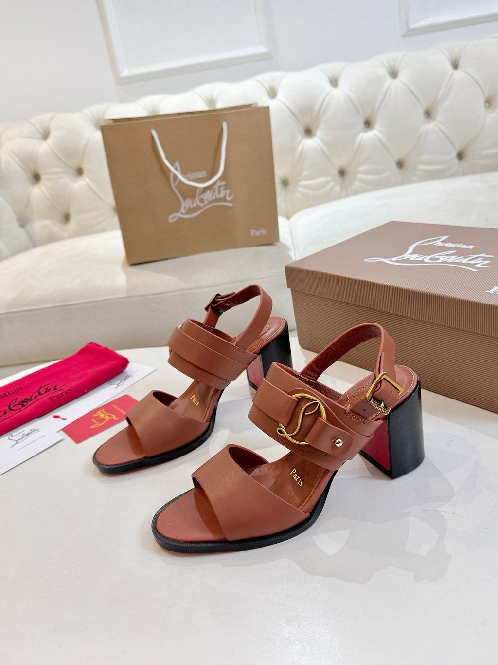 CHRISTIAN LOUBOUTIN 26S ANKLE STRAP BLOCK HEELS IN COGNAC BROWN CALFSKIN