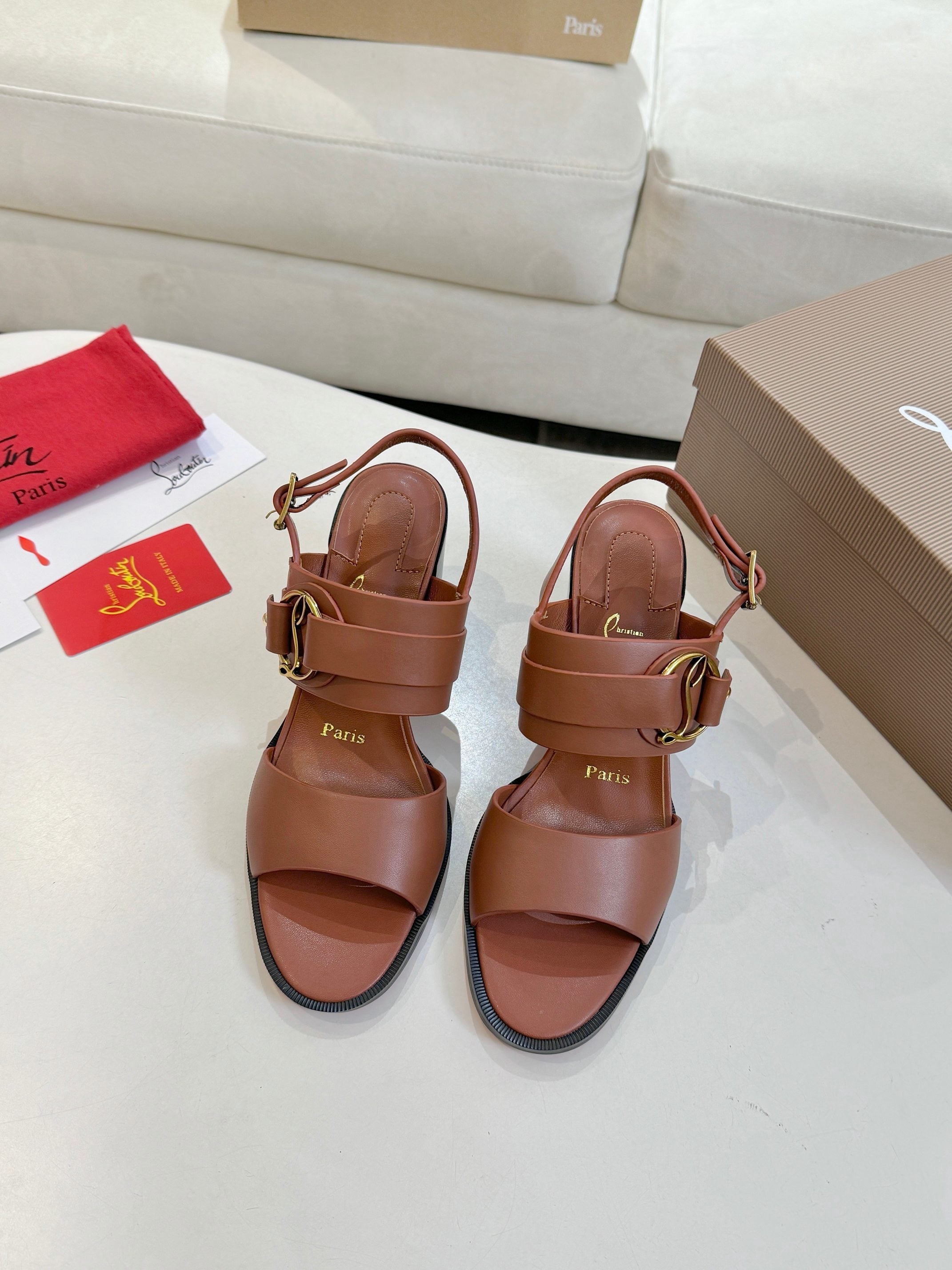 CHRISTIAN LOUBOUTIN 26S ANKLE STRAP BLOCK HEELS IN COGNAC BROWN CALFSKIN