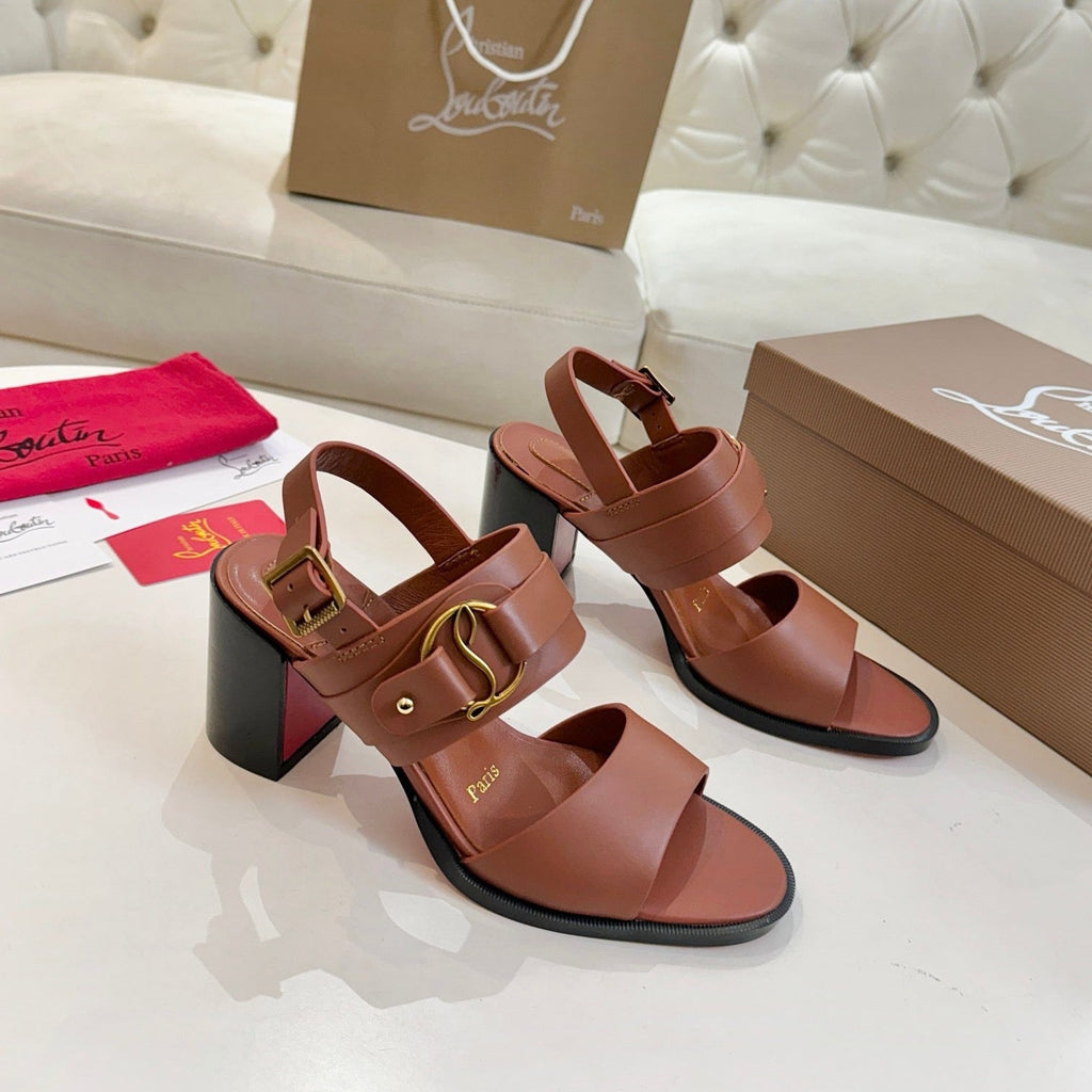 CHRISTIAN LOUBOUTIN 26S ANKLE STRAP BLOCK HEELS IN COGNAC BROWN CALFSKIN