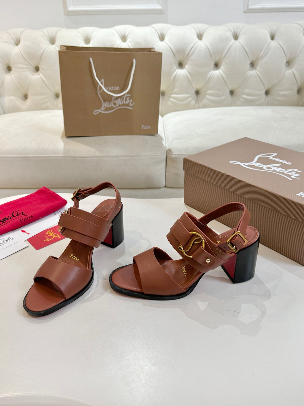 CHRISTIAN LOUBOUTIN 26S ANKLE STRAP BLOCK HEELS IN COGNAC BROWN CALFSKIN
