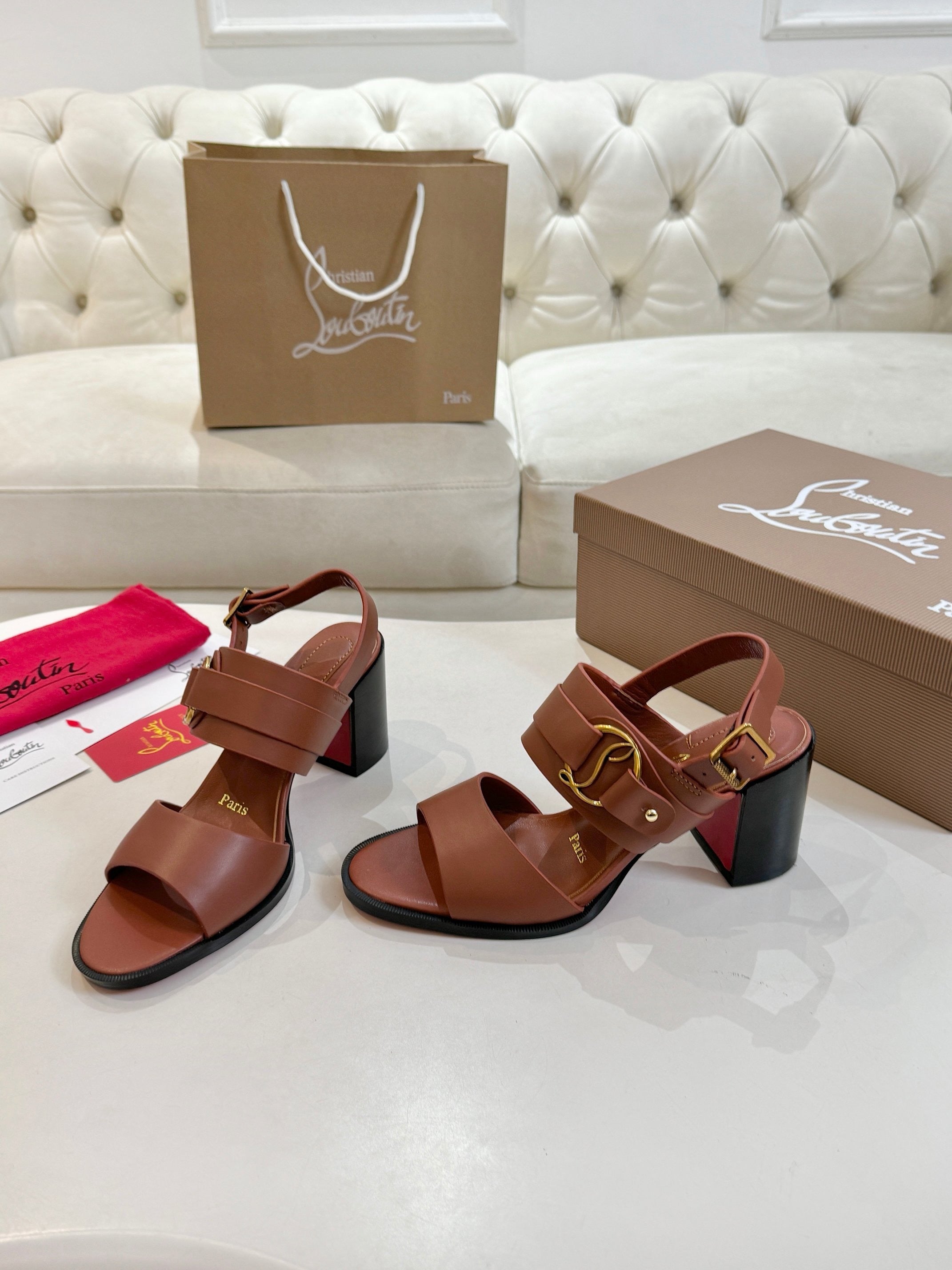 CHRISTIAN LOUBOUTIN 26S ANKLE STRAP BLOCK HEELS IN COGNAC BROWN CALFSKIN