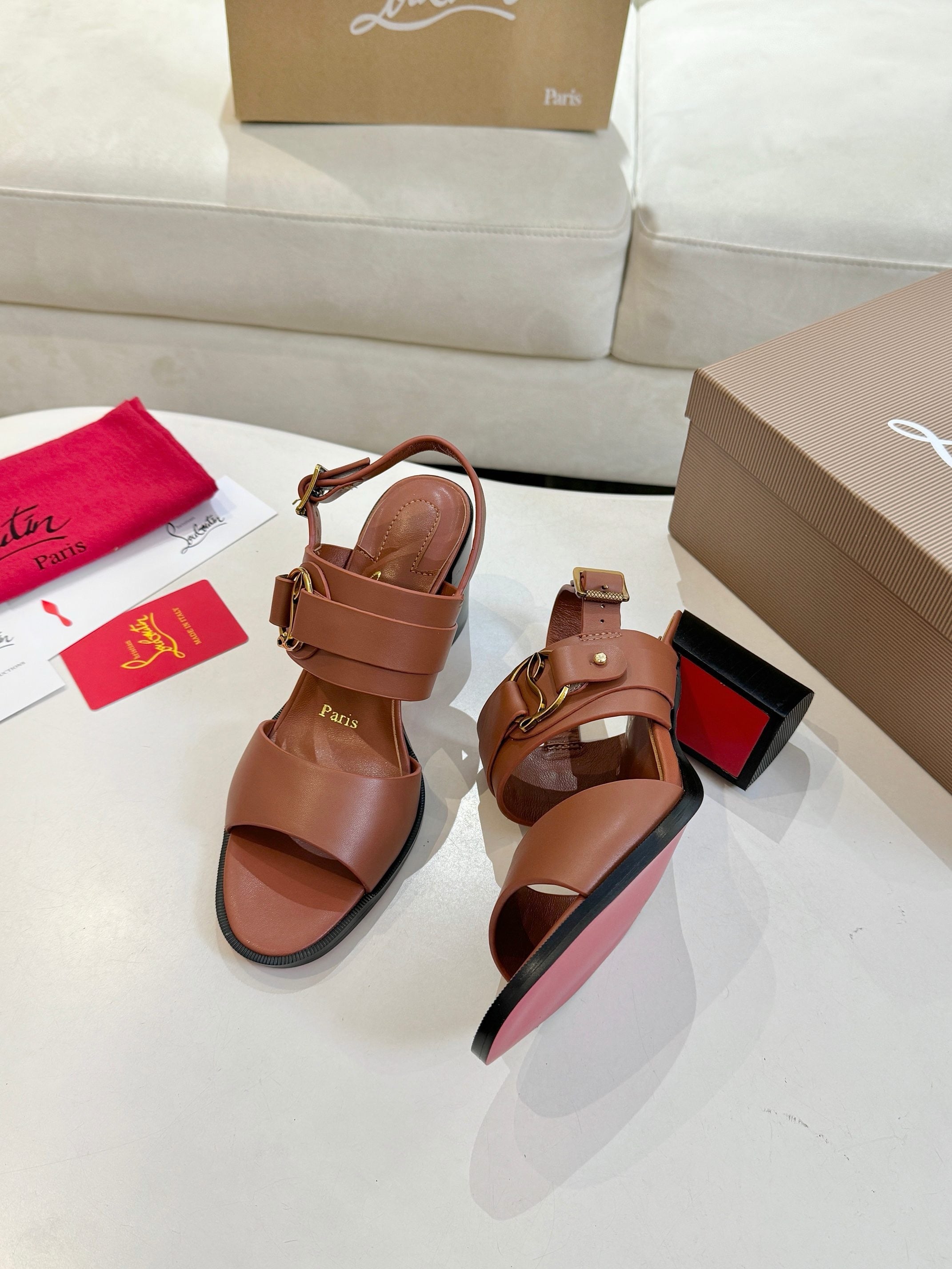 CHRISTIAN LOUBOUTIN 26S ANKLE STRAP BLOCK HEELS IN COGNAC BROWN CALFSKIN
