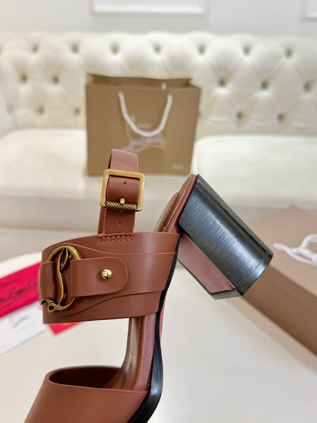 CHRISTIAN LOUBOUTIN 26S ANKLE STRAP BLOCK HEELS IN COGNAC BROWN CALFSKIN