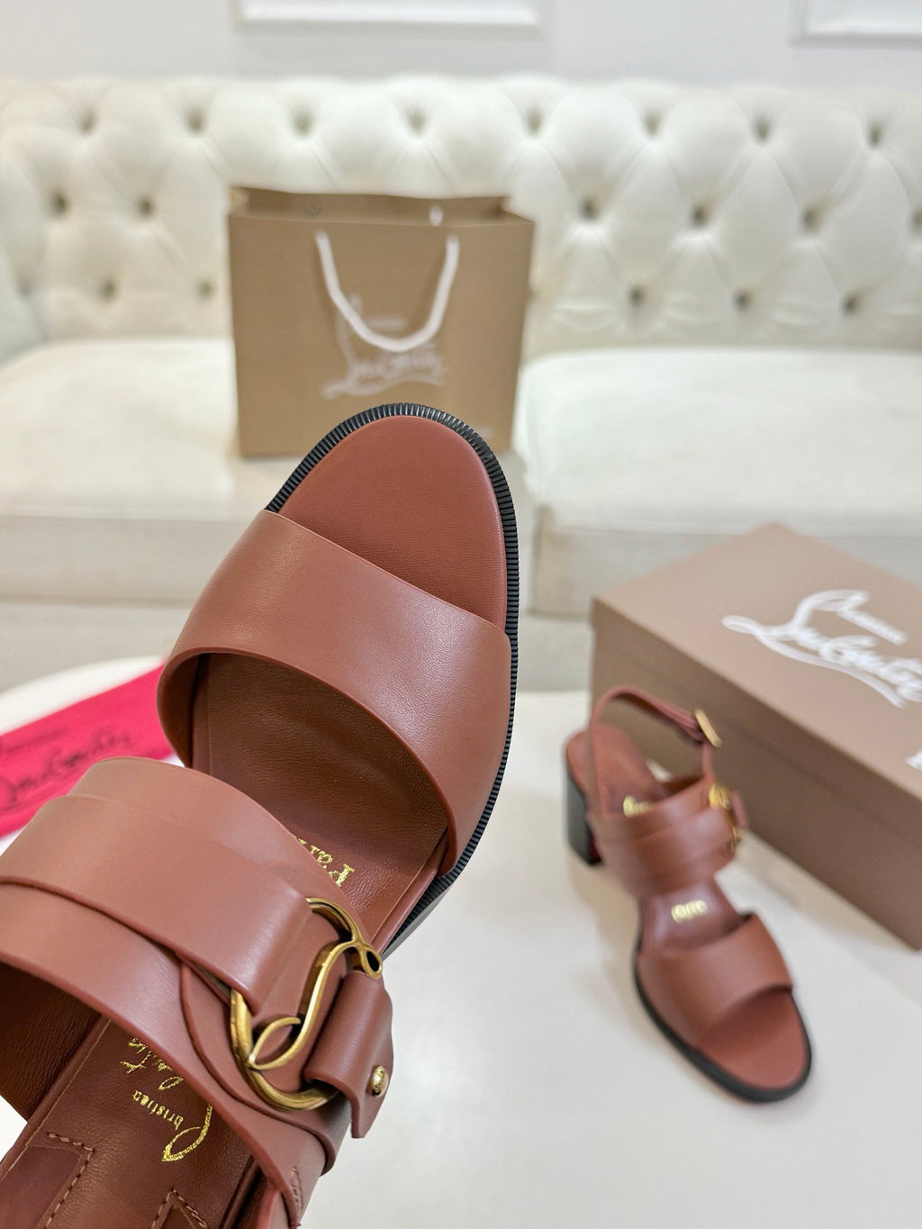 CHRISTIAN LOUBOUTIN 26S ANKLE STRAP BLOCK HEELS IN COGNAC BROWN CALFSKIN