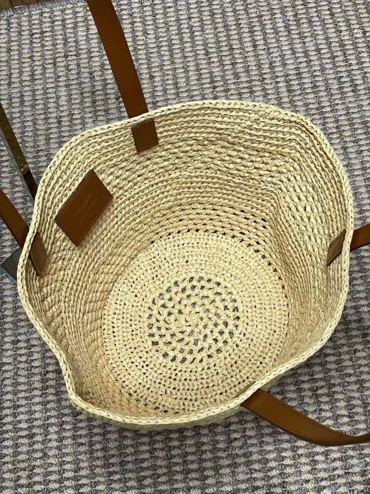 YSL 25S TOTE BAG IN BEIGE RAFFIA STRAW WITH BROWN LEATHER HANDLES