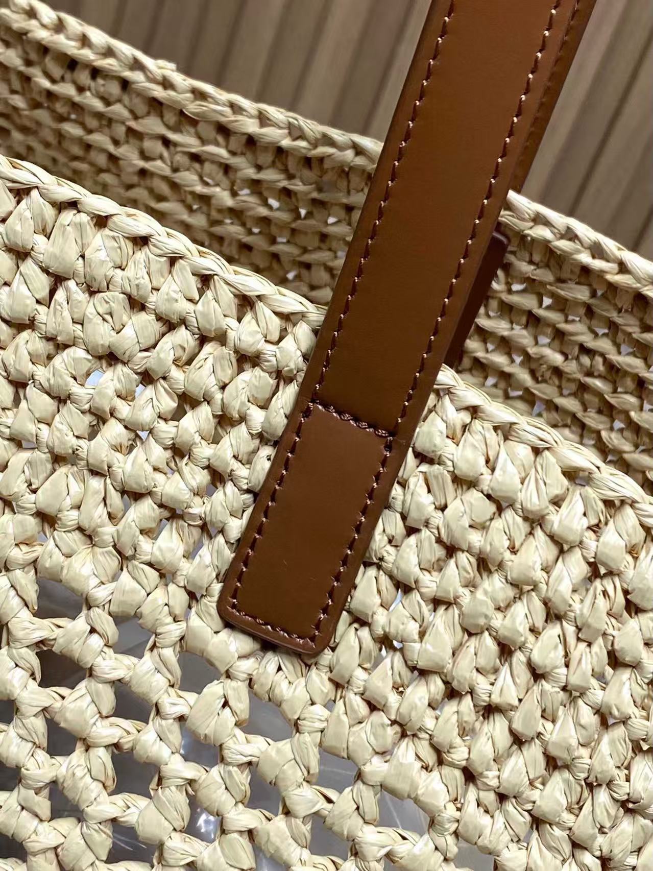 YSL 25S TOTE BAG IN BEIGE RAFFIA STRAW WITH BROWN LEATHER HANDLES