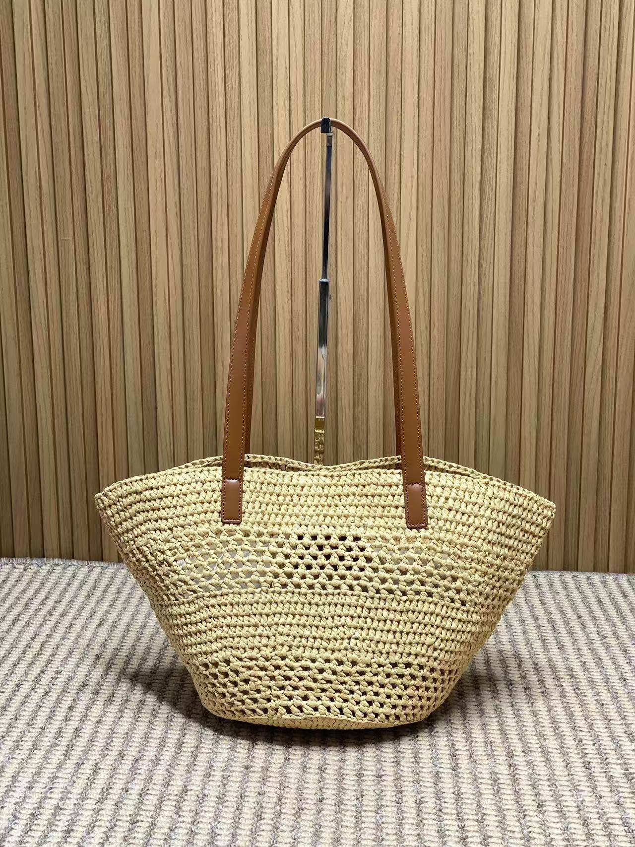 YSL 25S TOTE BAG IN BEIGE RAFFIA STRAW WITH BROWN LEATHER HANDLES