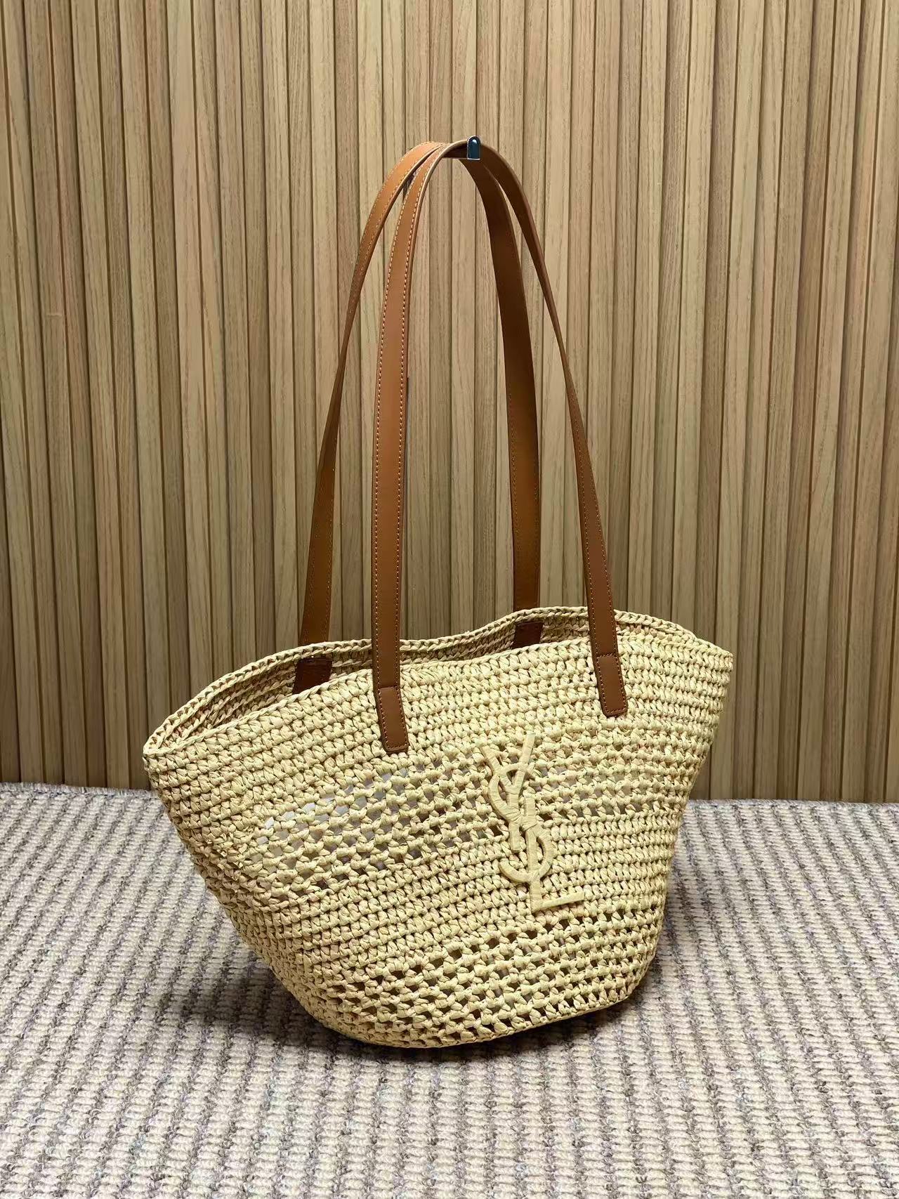 YSL 25S TOTE BAG IN BEIGE RAFFIA STRAW WITH BROWN LEATHER HANDLES
