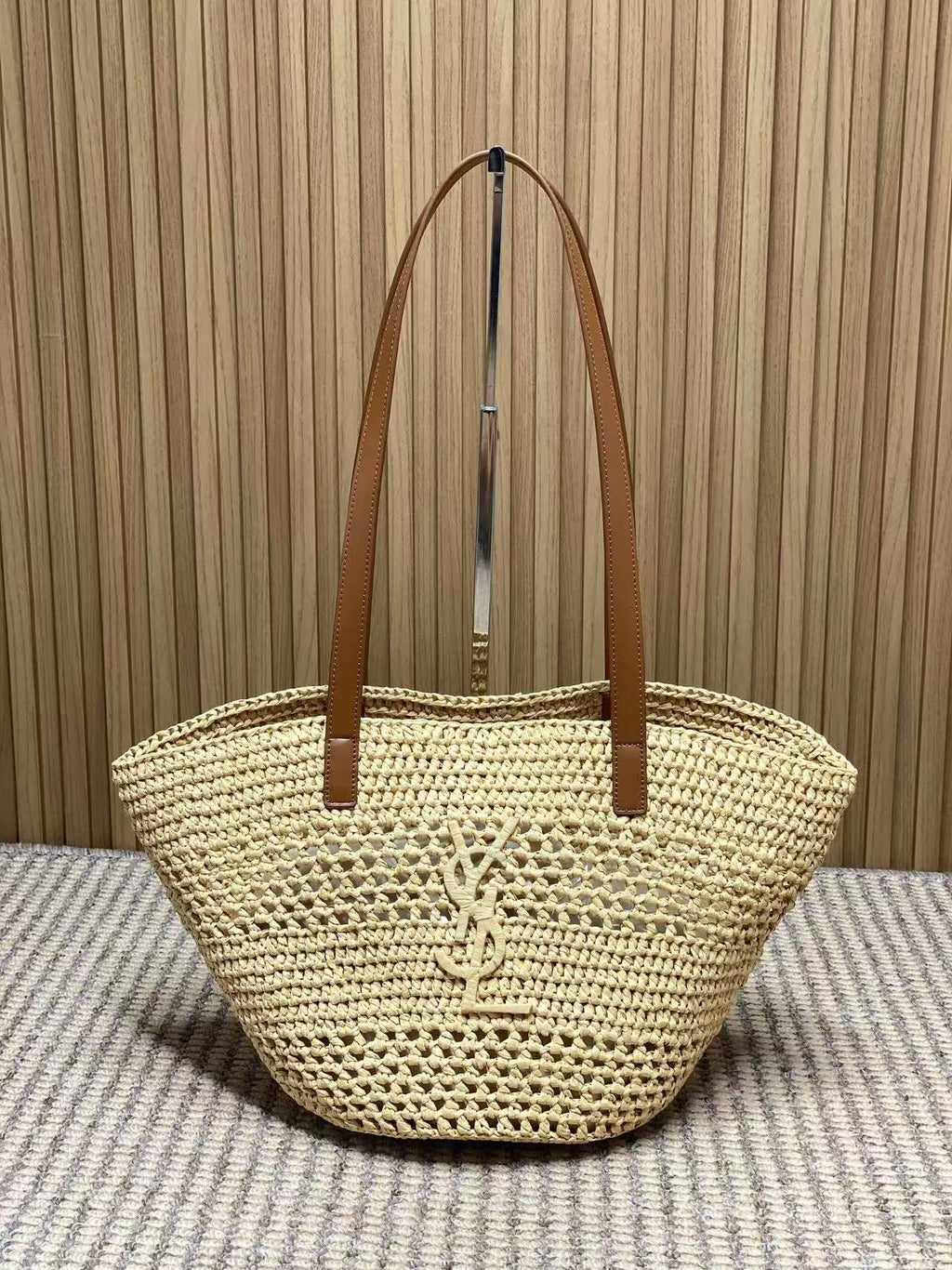 YSL 25S TOTE BAG IN BEIGE RAFFIA STRAW WITH BROWN LEATHER HANDLES