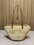 YSL 25S TOTE BAG IN BEIGE RAFFIA STRAW WITH BROWN LEATHER HANDLES