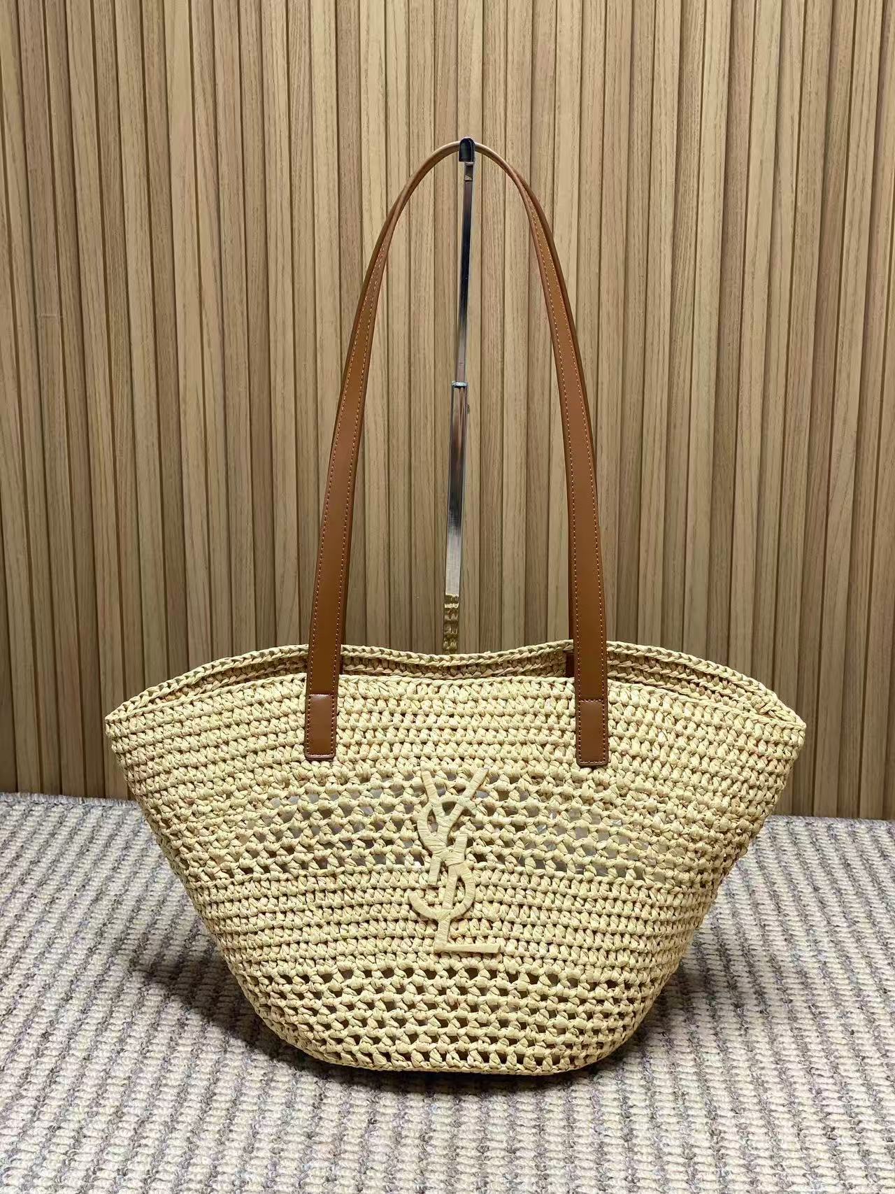 YSL 25S TOTE BAG IN BEIGE RAFFIA STRAW WITH BROWN LEATHER HANDLES