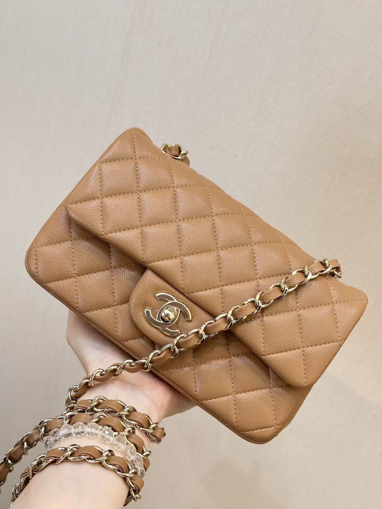 CHANEL 25S FLAP BAG 20 CM IN LIGHT BROWN CAVIAR GOLD HARDWARE 25626