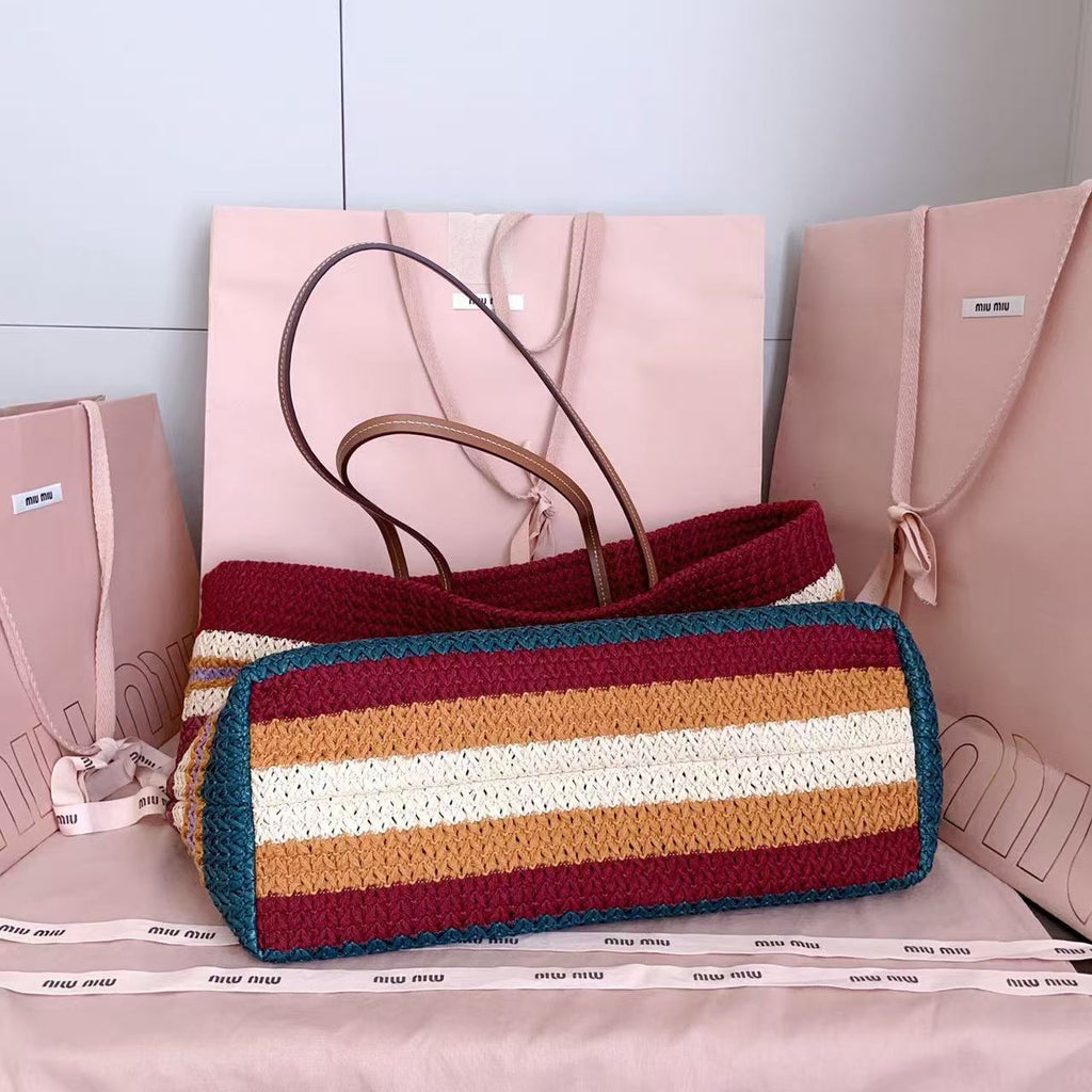 MIU 26S BEACH TOTE IN MULTICOLOR STRIPED WOVEN STRAW 24626