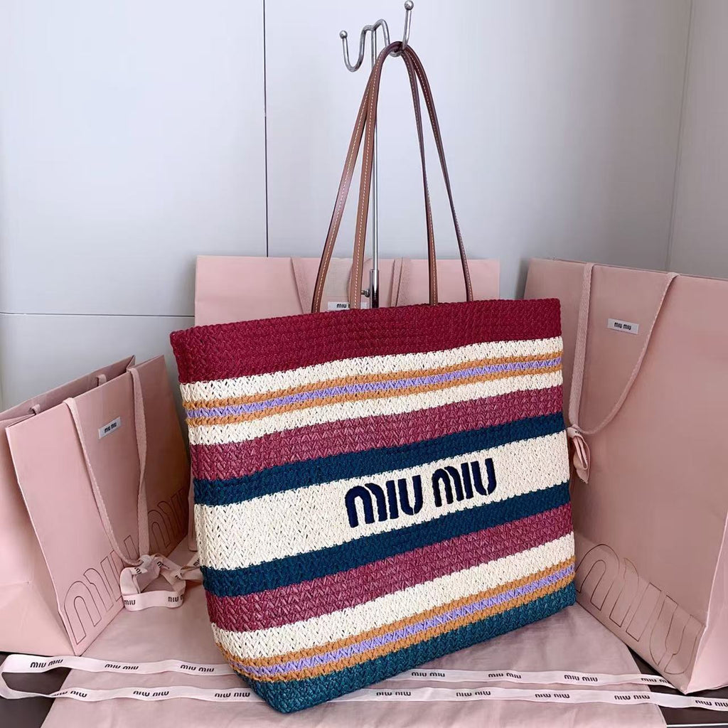 MIU 26S BEACH TOTE IN MULTICOLOR STRIPED WOVEN STRAW 24626