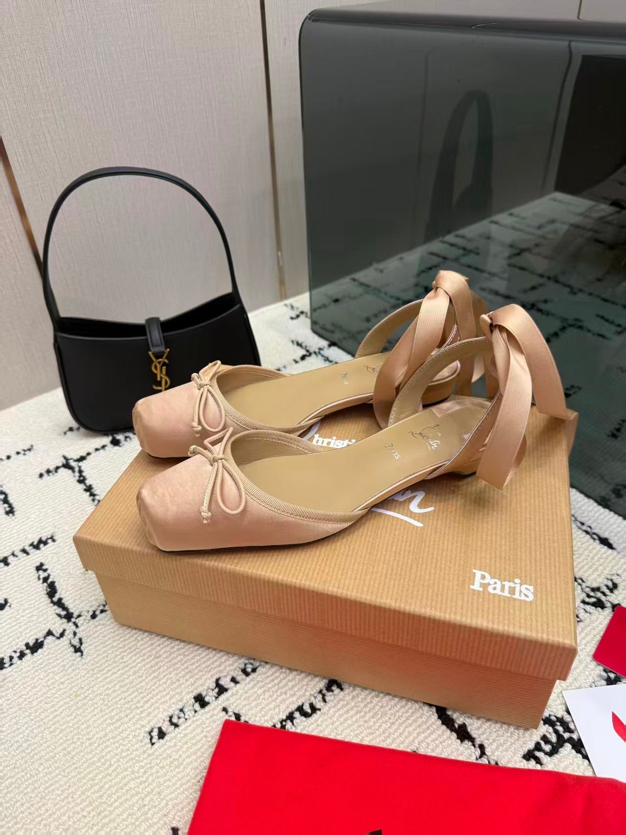 LOUBOUTIN 26S BALLET FLATS IN NUDE PINK SATIN WITH RIBBON ANKLE TIES