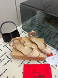 LOUBOUTIN 26S BALLET FLATS IN NUDE PINK SATIN WITH RIBBON ANKLE TIES