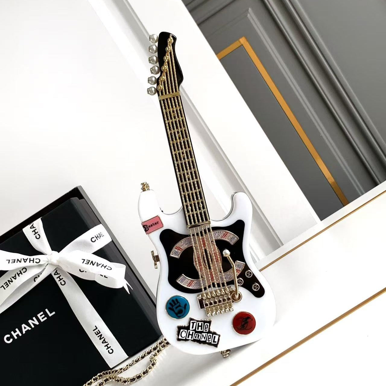CHANEL WHITE GUITAR MINAUDIERE BAG