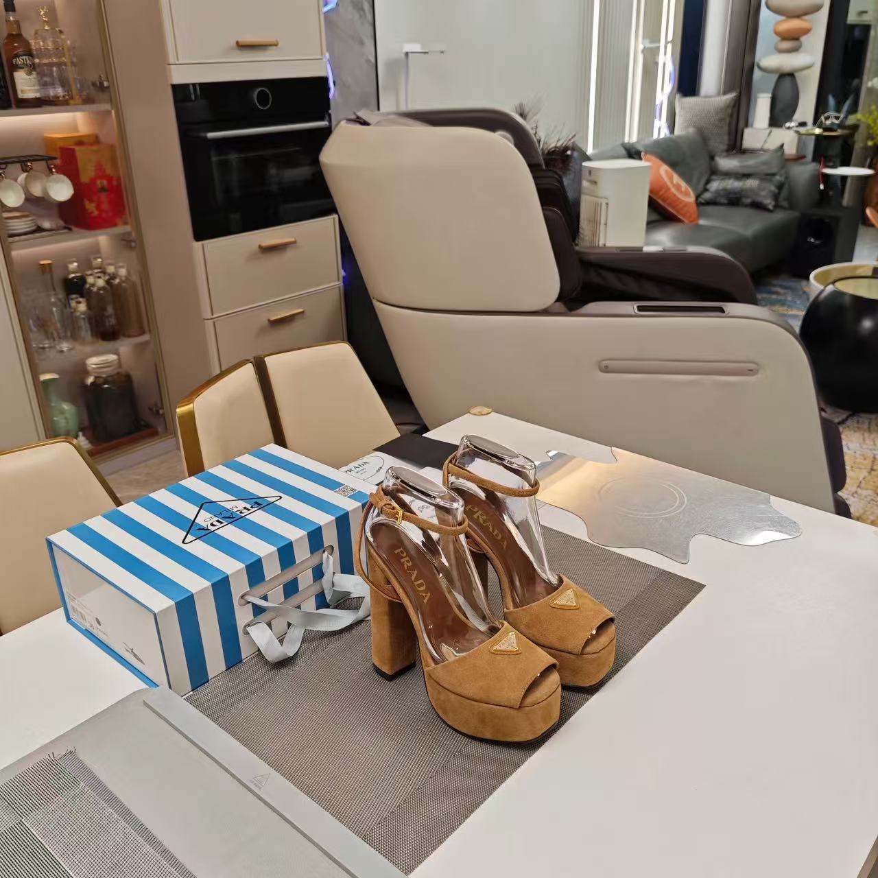 PRADA 26S PLATFORM SANDALS CAMEL SUEDE