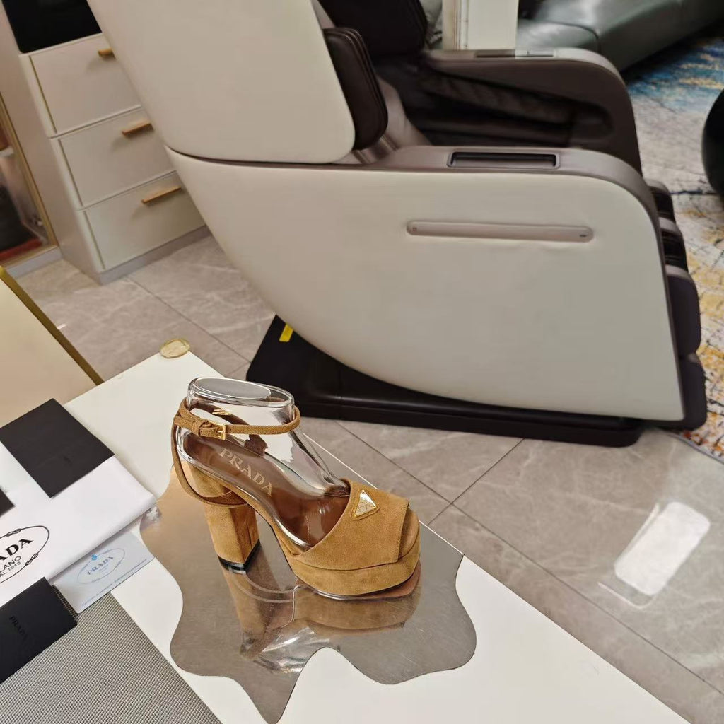 PRADA 26S PLATFORM SANDALS CAMEL SUEDE