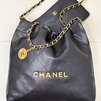 CHANEL 26S DRAWSTRING SHOULDER BAG 22 IN BLACK CAVIAR CALFSKIN
