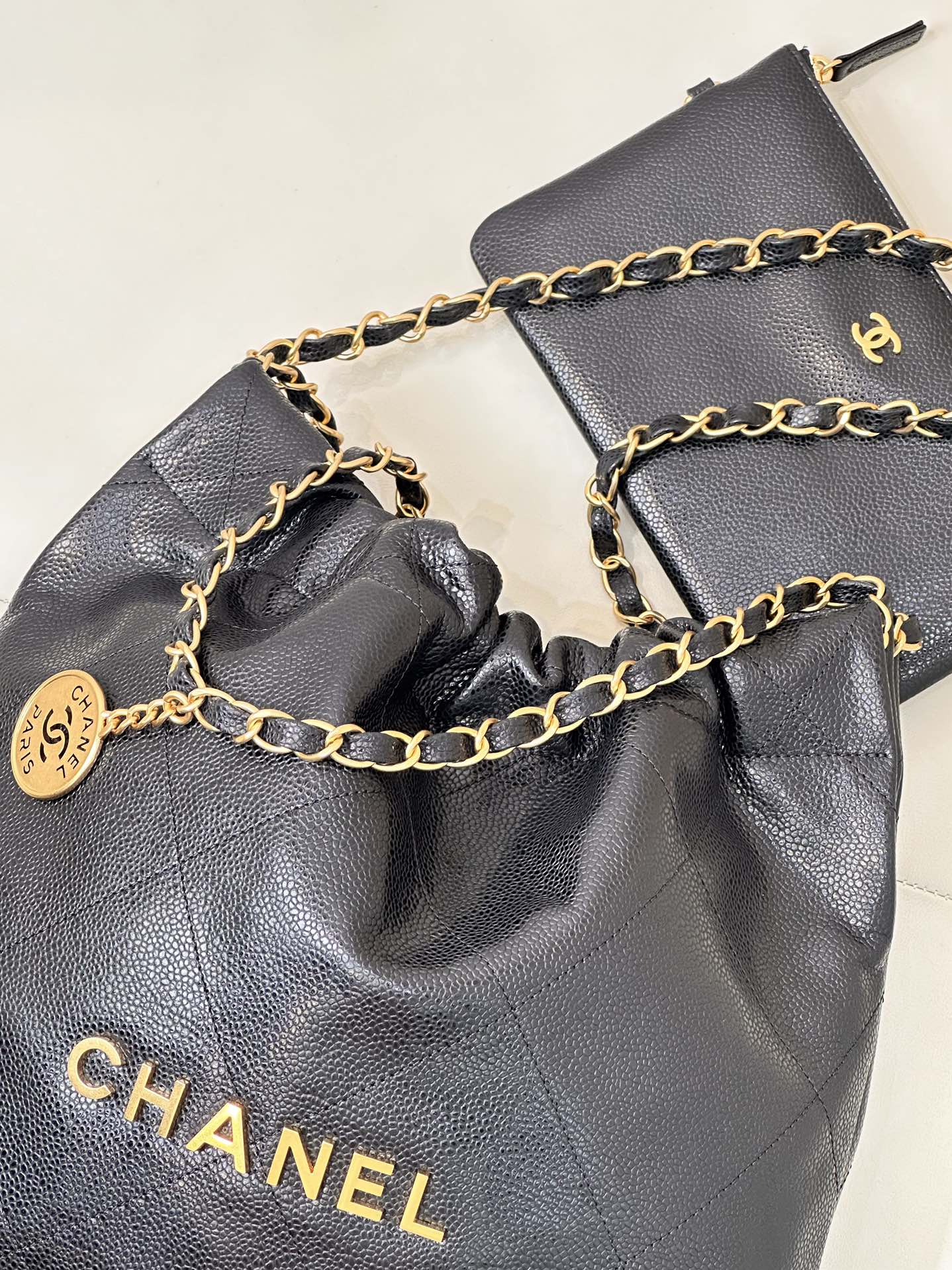 CHANEL 26S DRAWSTRING SHOULDER BAG 35 IN BLACK CAVIAR CALFSKIN