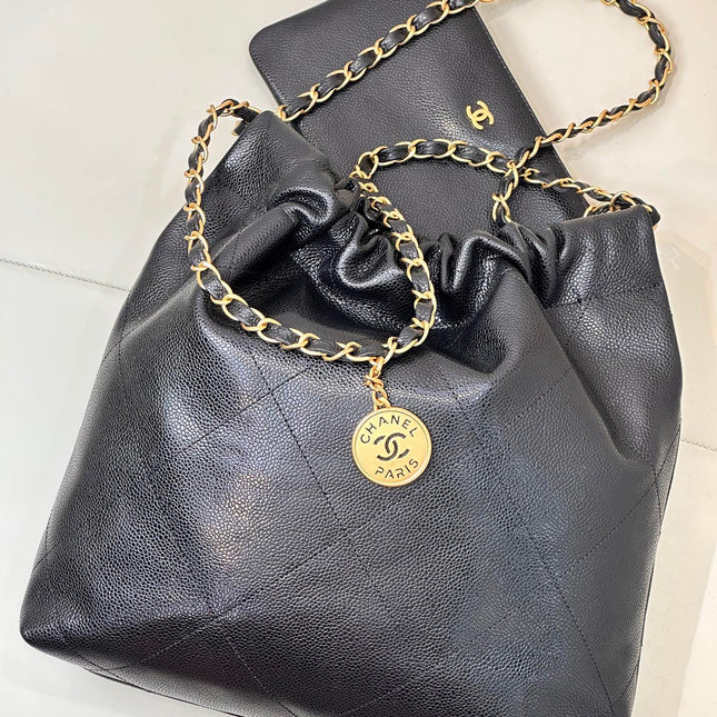 CHANEL 26S DRAWSTRING SHOULDER BAG 22 IN BLACK CAVIAR CALFSKIN