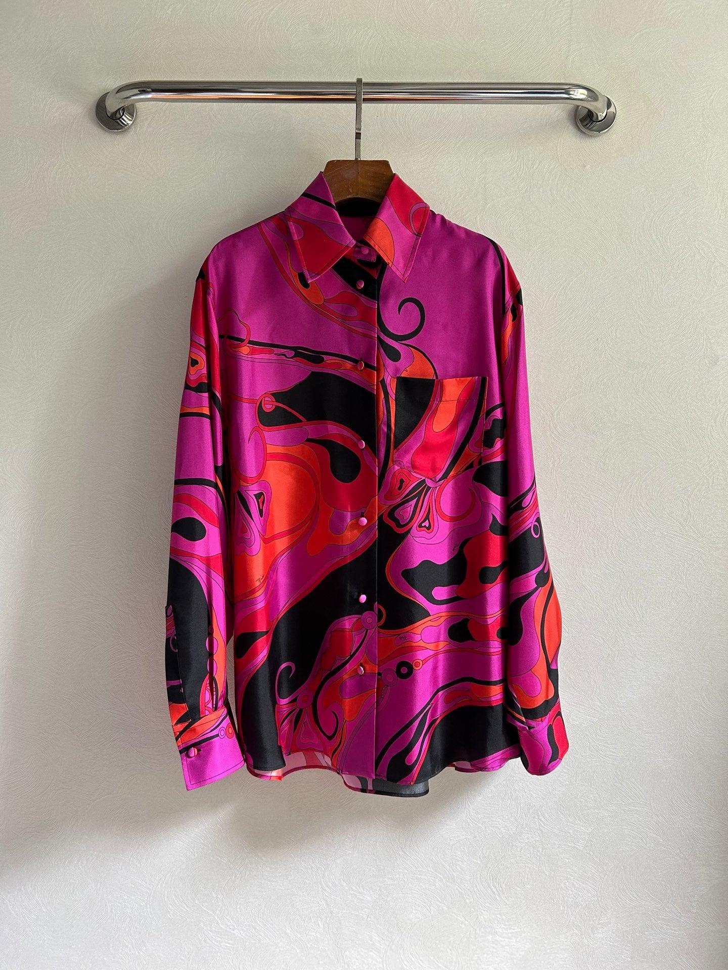 PUCCI 26S LONG SLEEVE SHIRT ABSTRACT PRINT PINK BLACK SILK