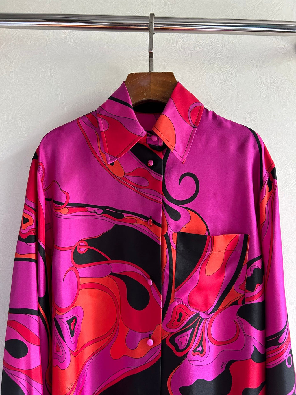 PUCCI 26S LONG SLEEVE SHIRT ABSTRACT PRINT PINK BLACK SILK