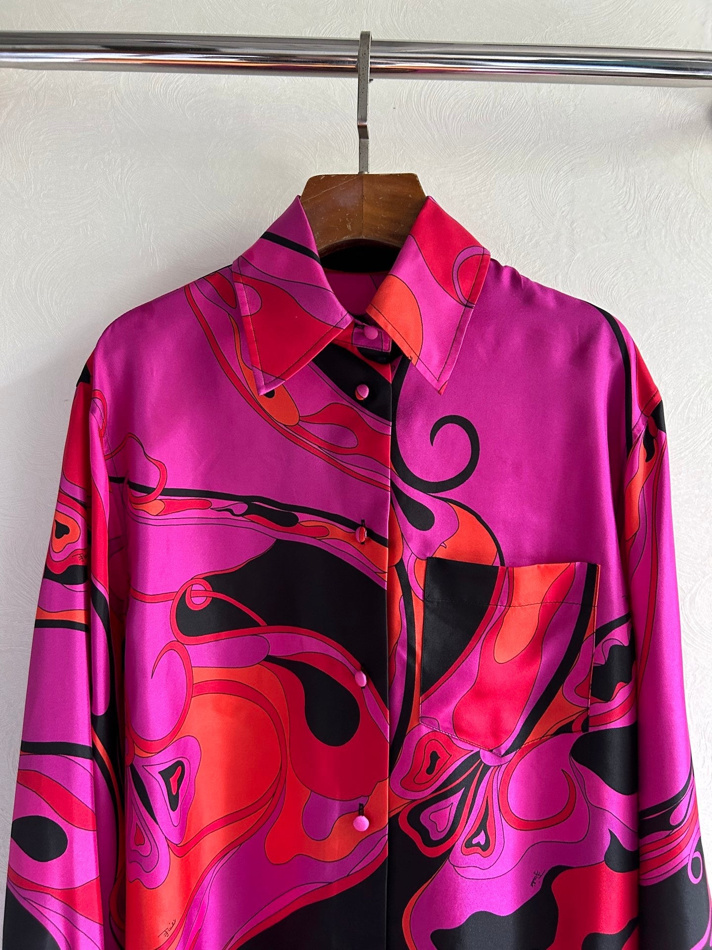PUCCI 26S LONG SLEEVE SHIRT ABSTRACT PRINT PINK BLACK SILK