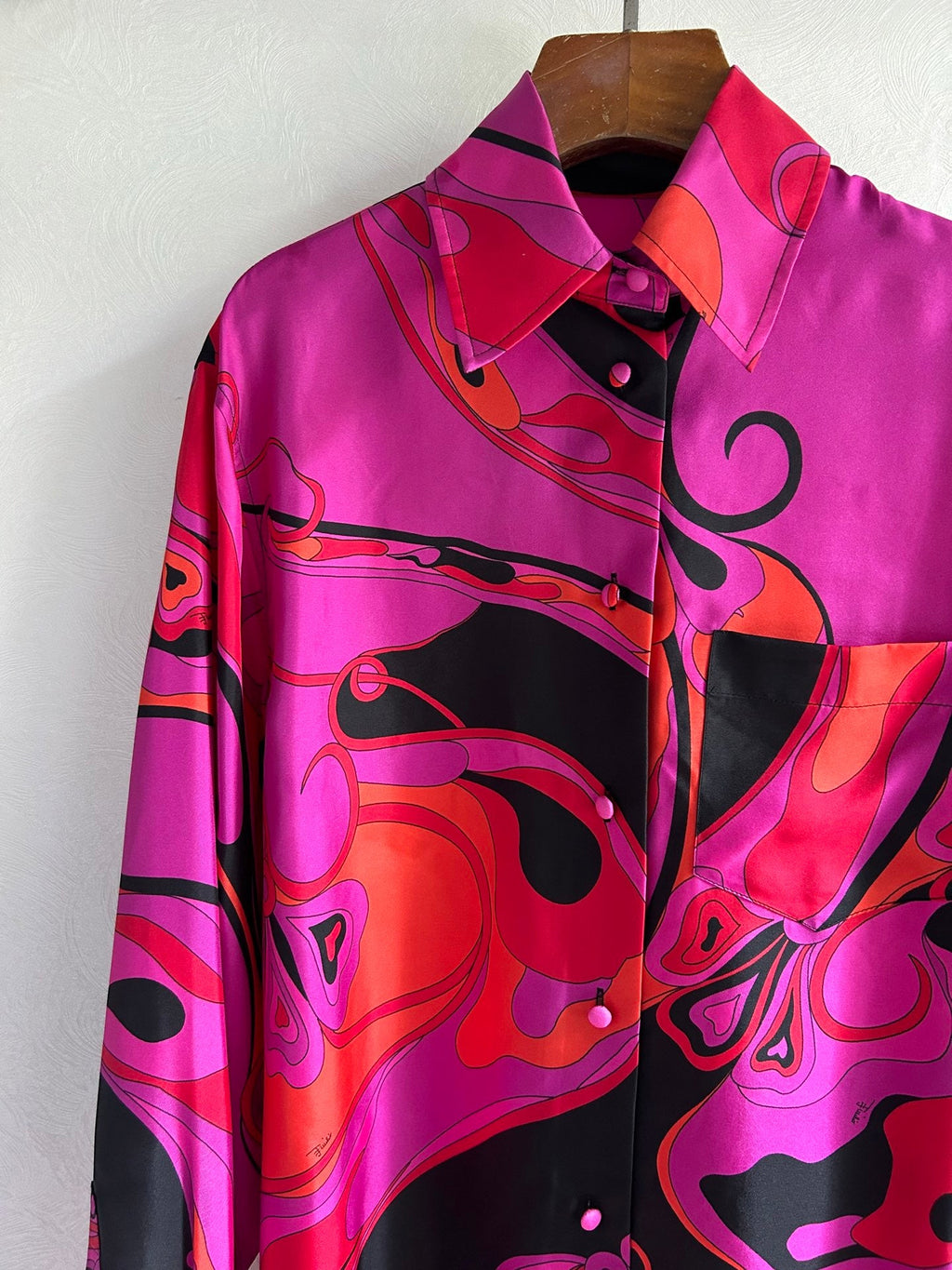 PUCCI 26S LONG SLEEVE SHIRT ABSTRACT PRINT PINK BLACK SILK