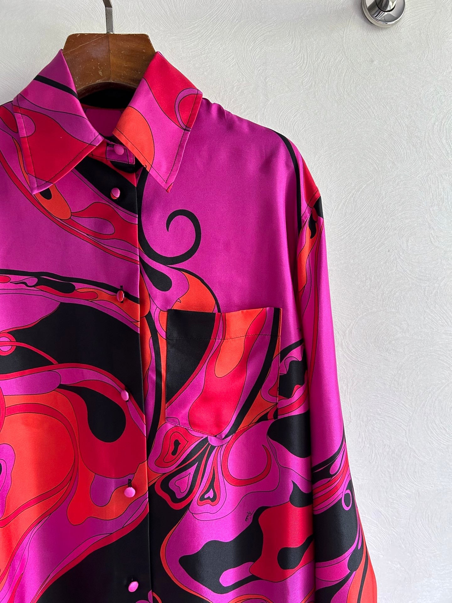 PUCCI 26S LONG SLEEVE SHIRT ABSTRACT PRINT PINK BLACK SILK