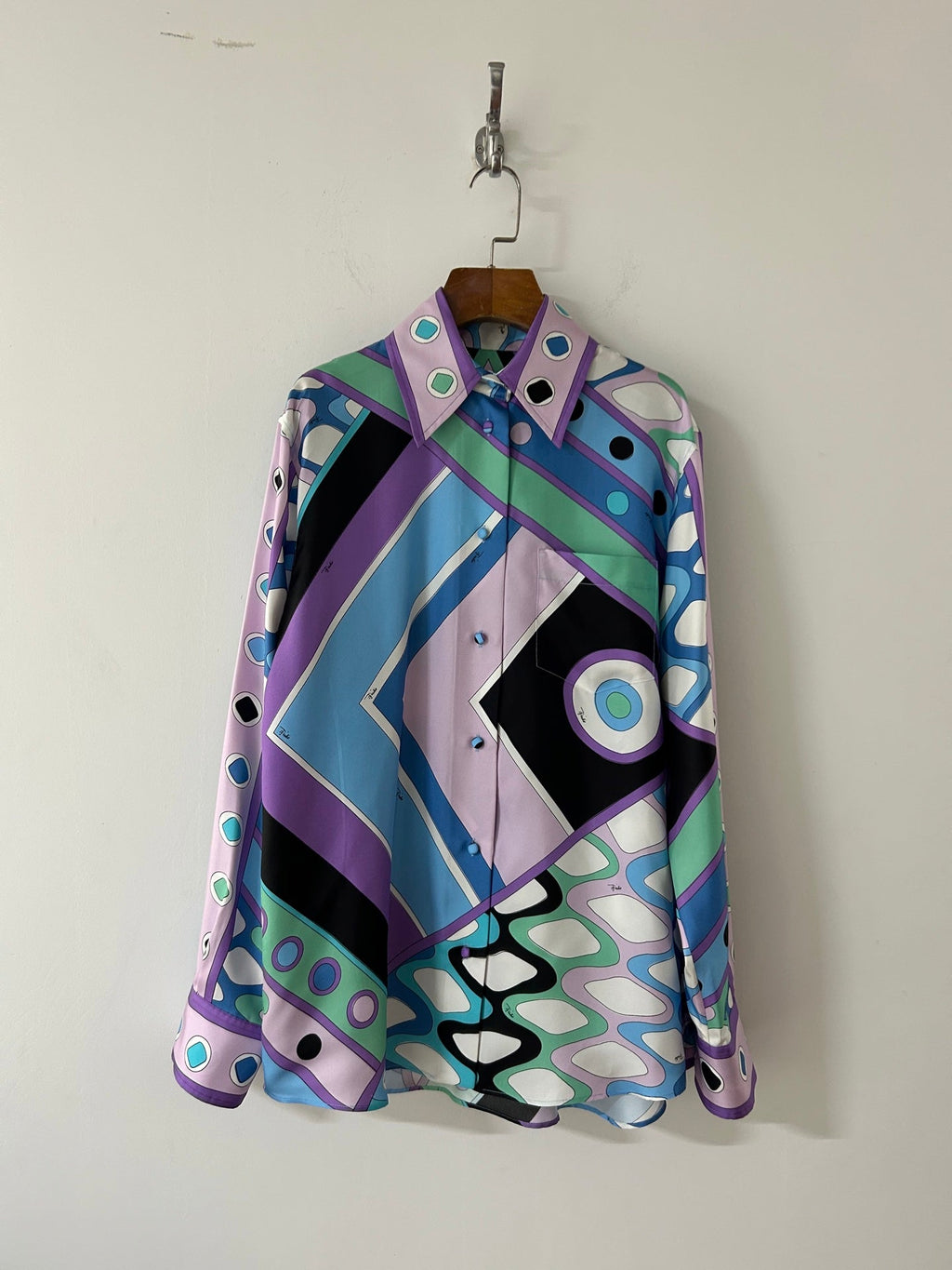 PUCCI  LONG SLEEVE SHIRT GEOMETRIC PRINT PURPLE BLUE SILK