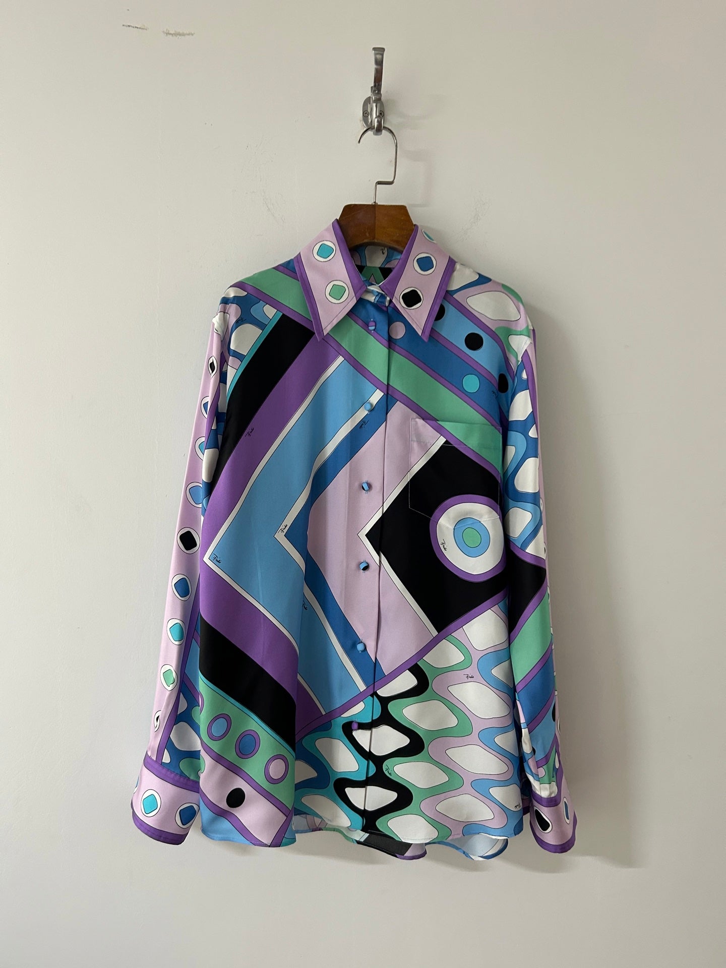 PUCCI  LONG SLEEVE SHIRT GEOMETRIC PRINT PURPLE BLUE SILK