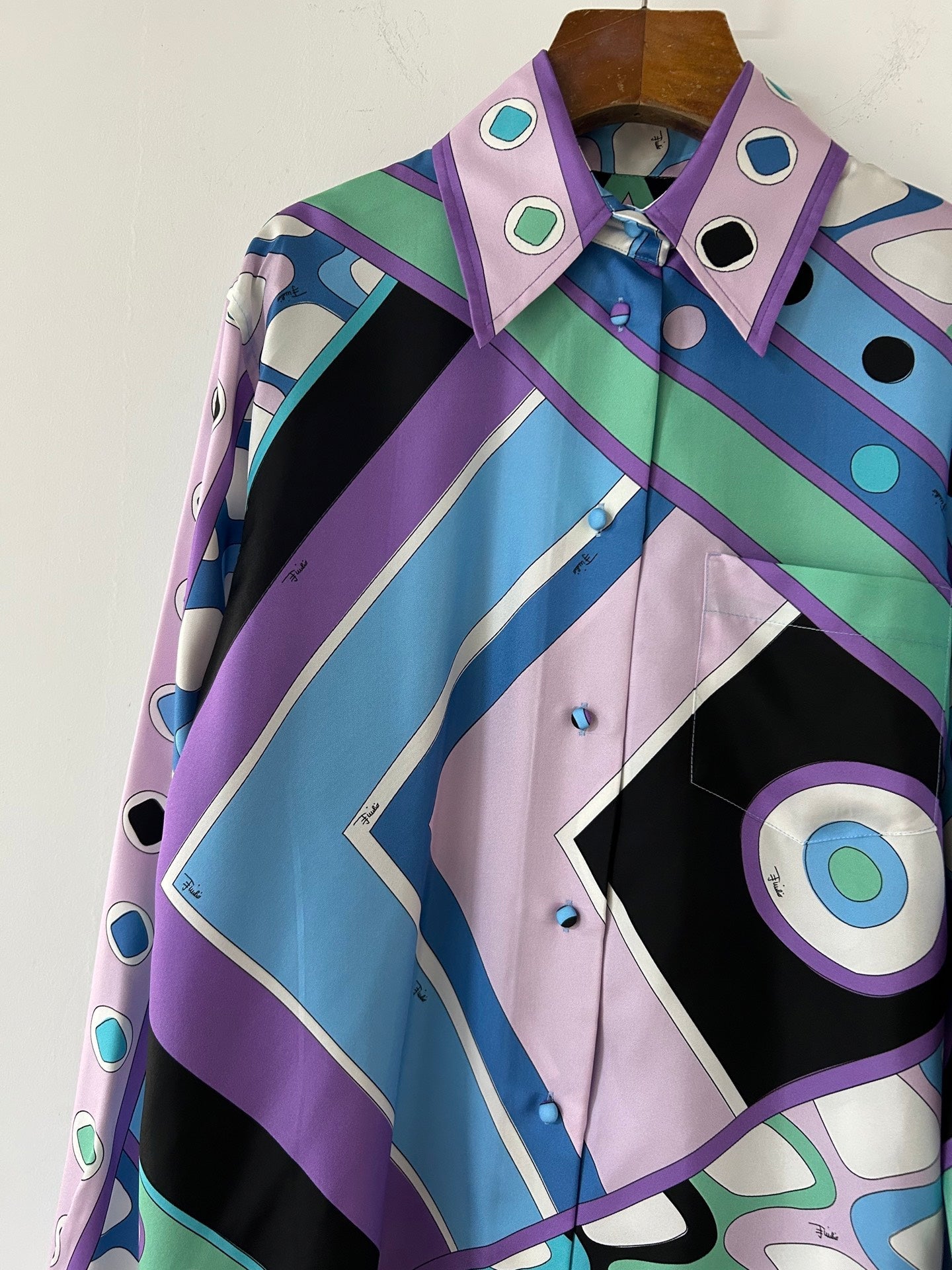 PUCCI  LONG SLEEVE SHIRT GEOMETRIC PRINT PURPLE BLUE SILK