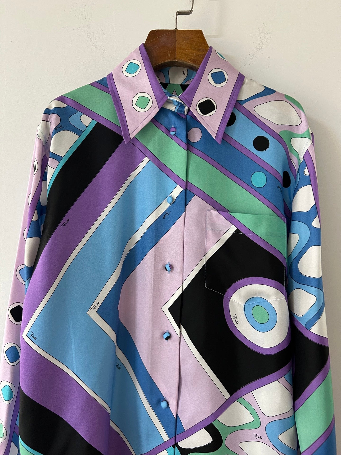 PUCCI  LONG SLEEVE SHIRT GEOMETRIC PRINT PURPLE BLUE SILK