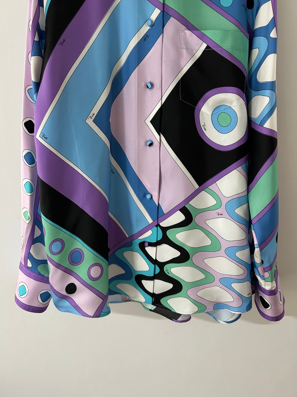 PUCCI 26S LONG SLEEVE SHIRT GEOMETRIC PRINT PURPLE BLUE SILK