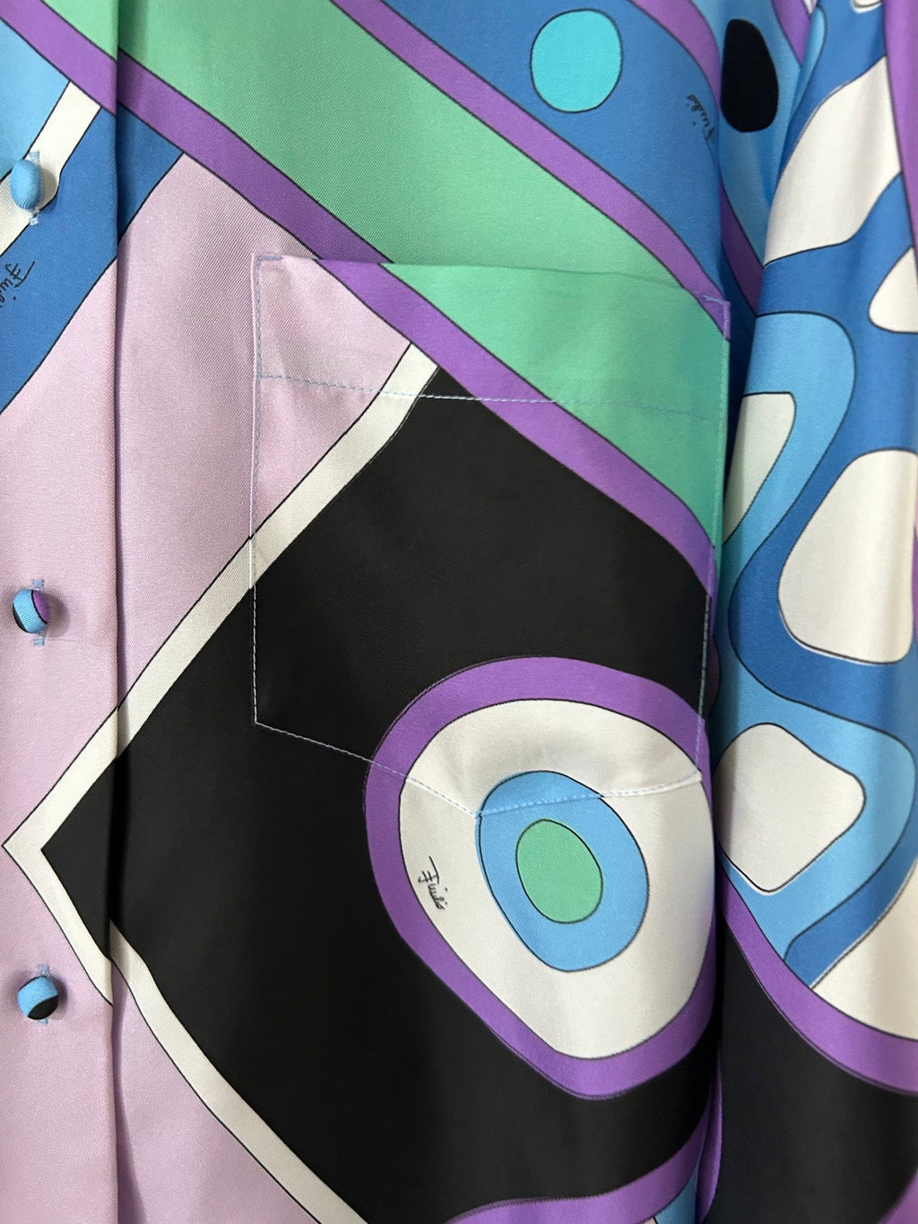 PUCCI 26S LONG SLEEVE SHIRT GEOMETRIC PRINT PURPLE BLUE SILK