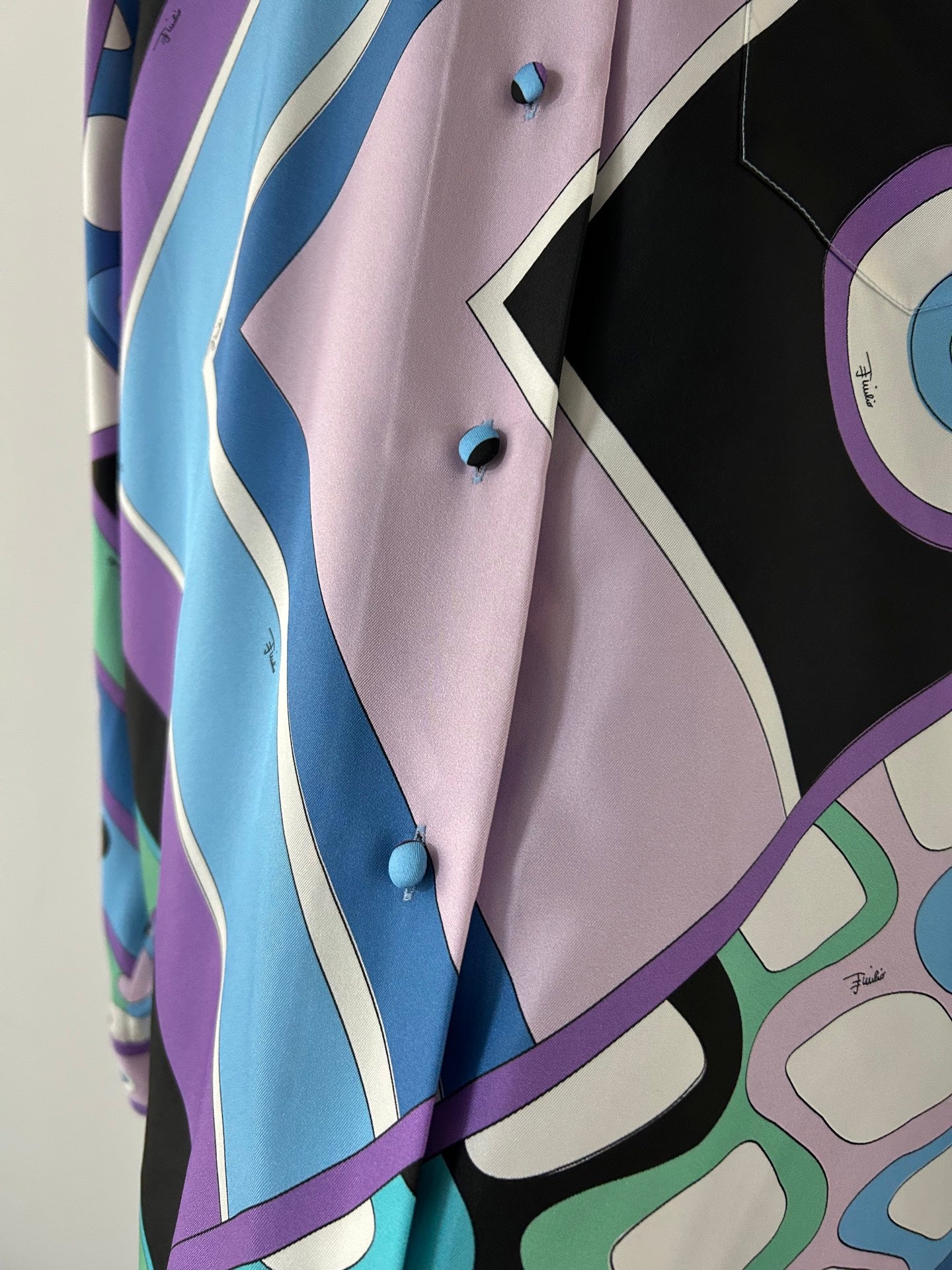 PUCCI 26S LONG SLEEVE SHIRT GEOMETRIC PRINT PURPLE BLUE SILK