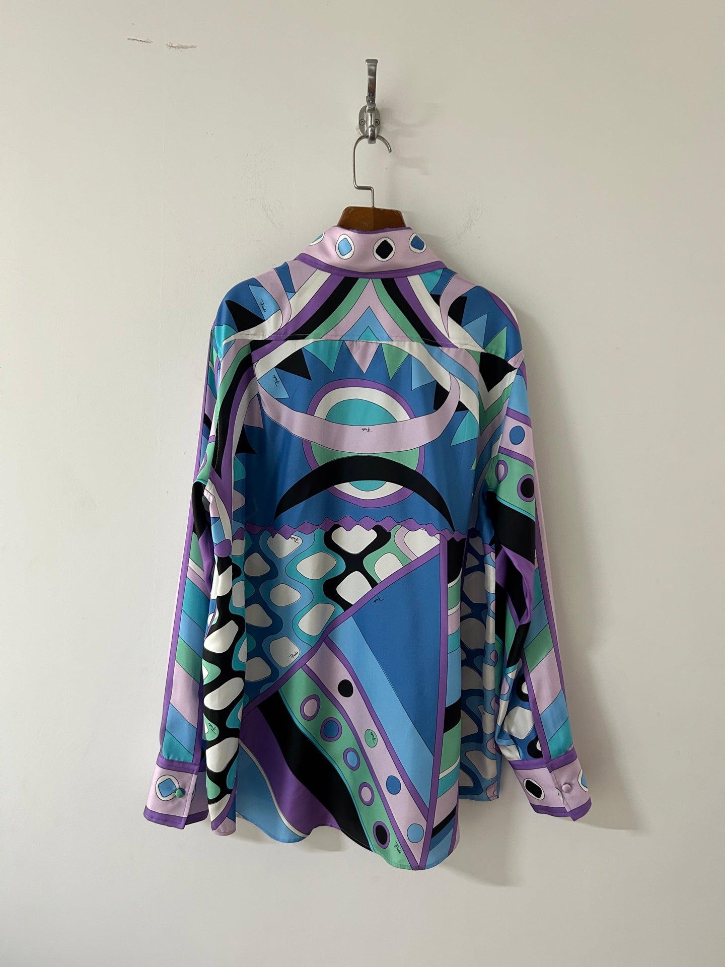 PUCCI  LONG SLEEVE SHIRT GEOMETRIC PRINT PURPLE BLUE SILK