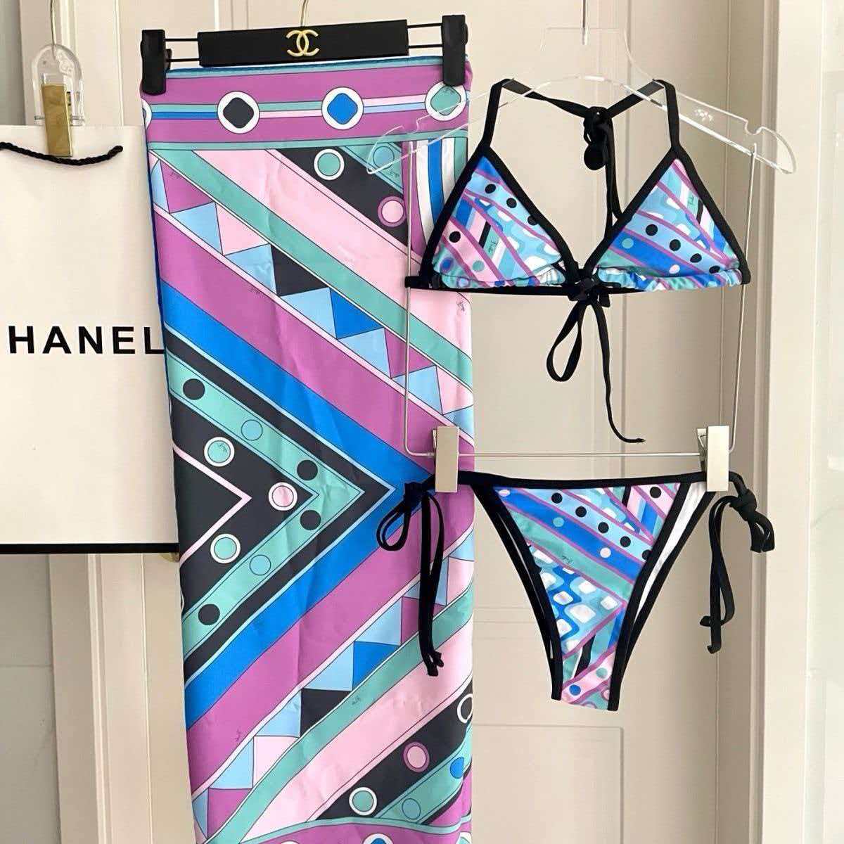 PUCCI 26S BIKINI SET GEOMETRIC PRINT BLUE PURPLE NYLON