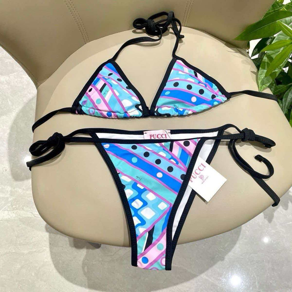 PUCCI 26S BIKINI SET GEOMETRIC PRINT BLUE PURPLE NYLON