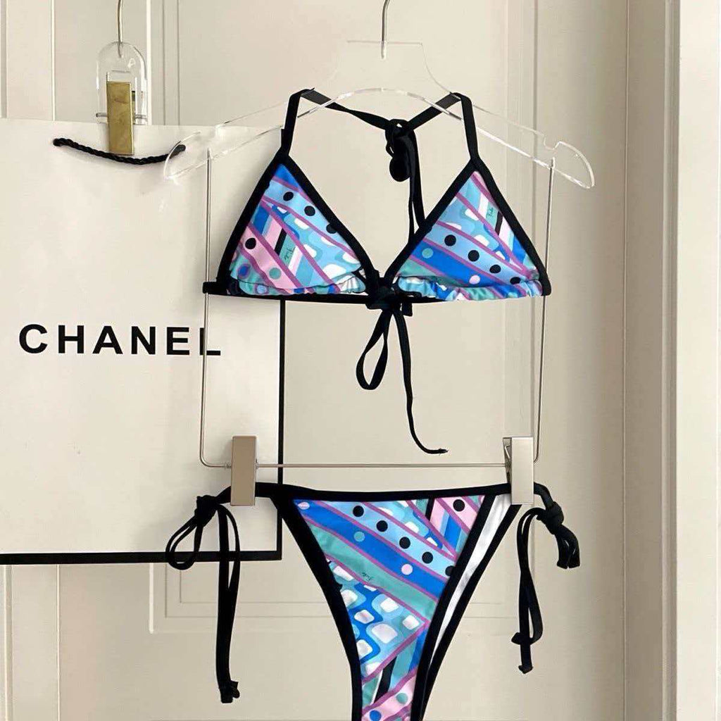 PUCCI 26S BIKINI SET GEOMETRIC PRINT BLUE PURPLE NYLON